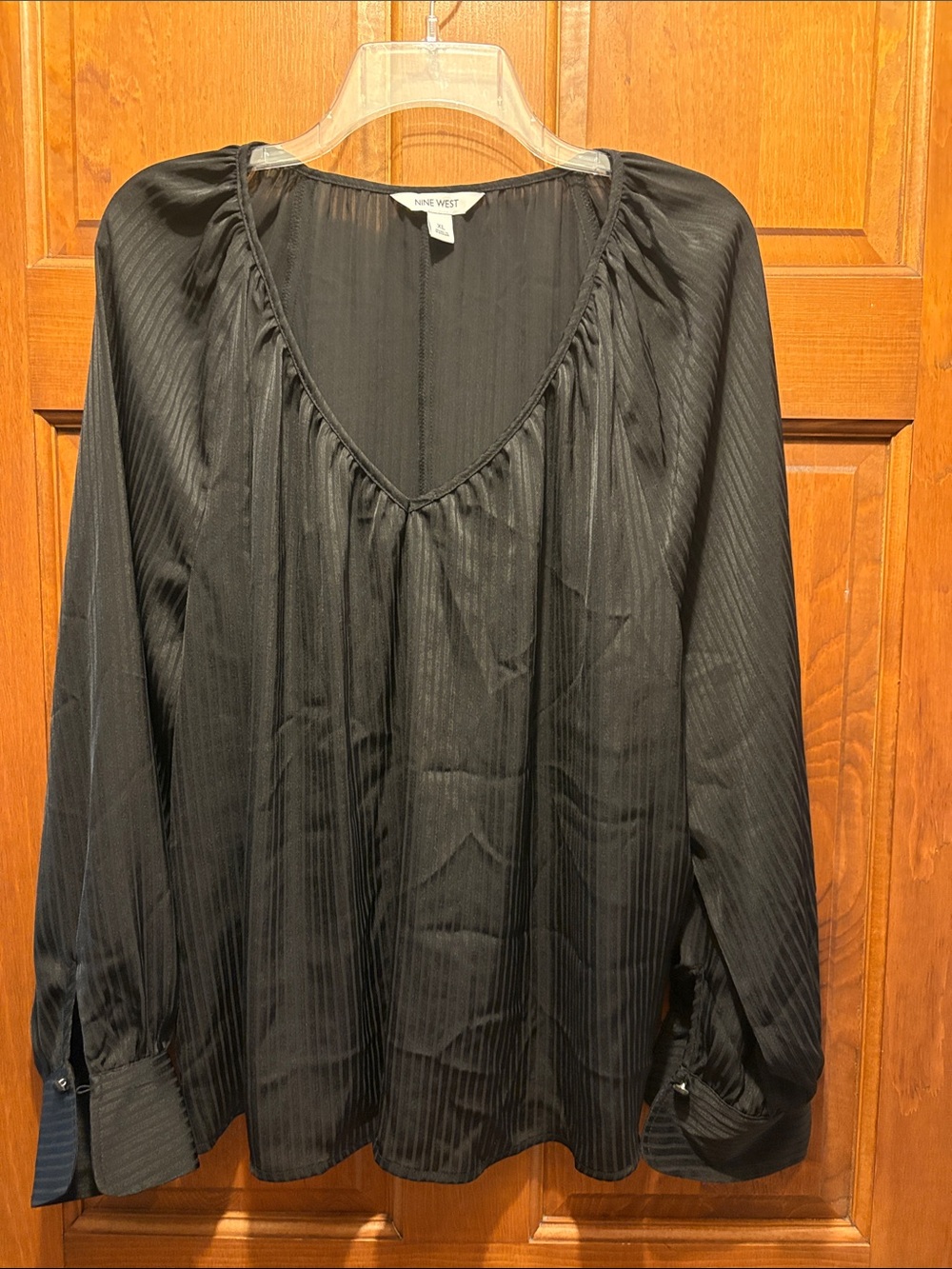 Nine West Black Sheer-Striped Long Sleeve V-Neck Blouse